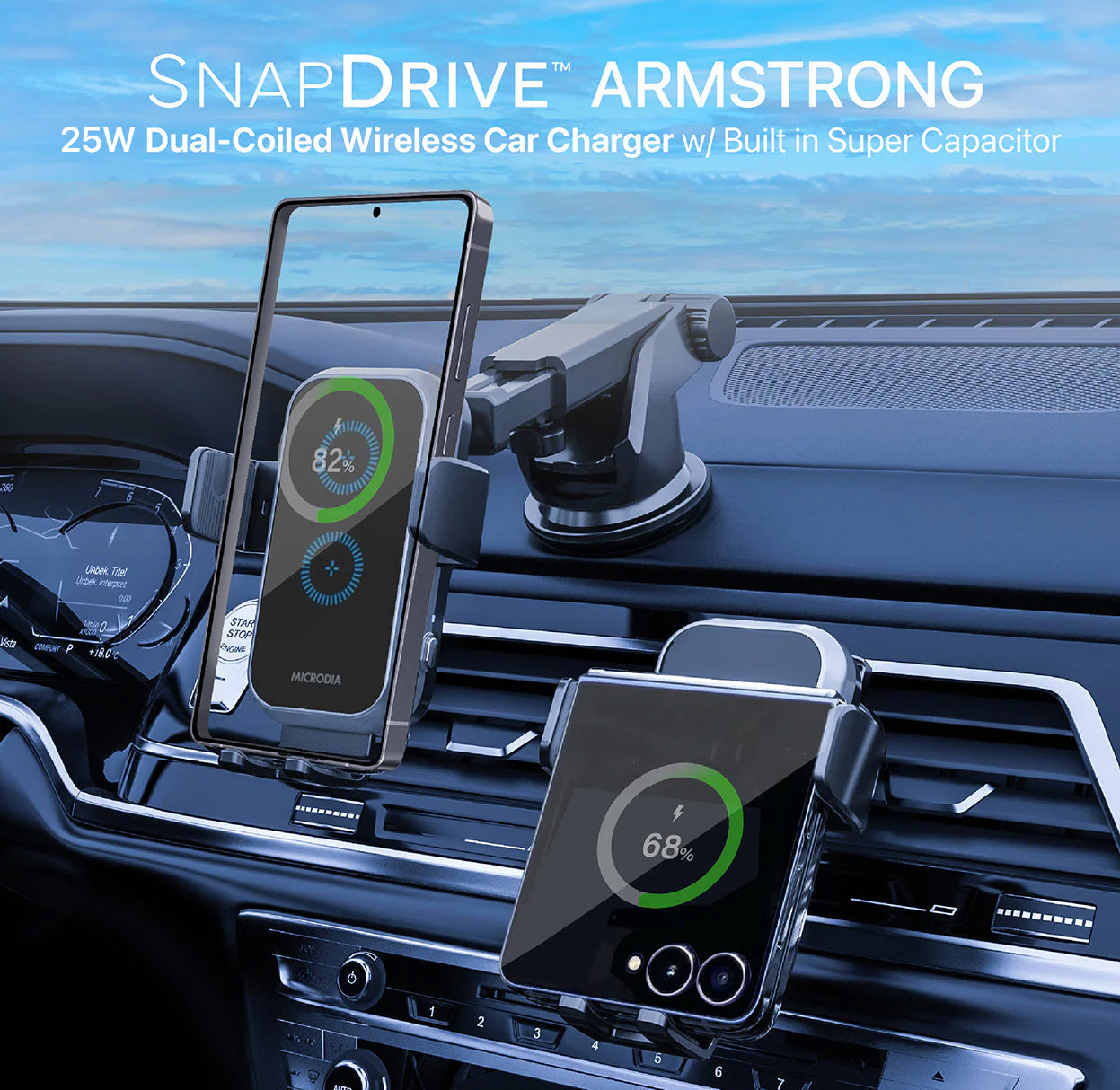 SNAPDrive ARMSTRONG 25W Dual-Coiled Wireless Car Charger w/ Built