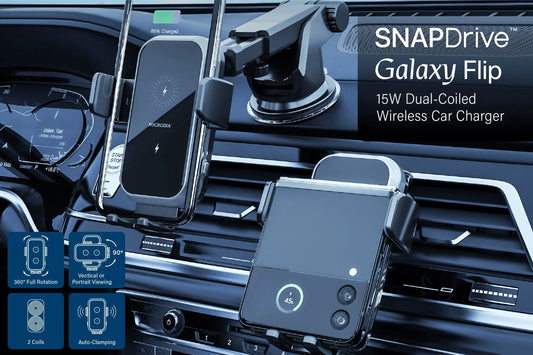 The SNAPDrive Galaxy Flip charger features a powerful 15W dual-coil design, ensuring a wider induction range for optimal charging.