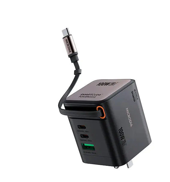 MICRODIA SMARTCube™ POWERCord 100W, GaN Pro Wall Charger with Built-in Retractable USB-C Cable and USB-C Charging Output (Copy) MICRODIA
