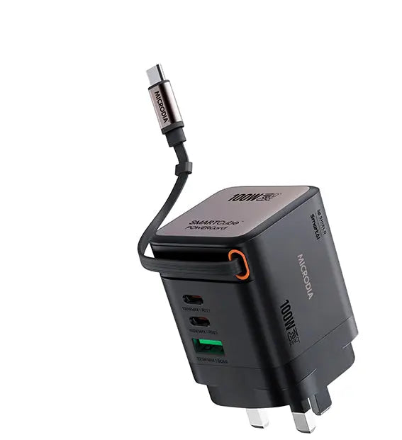 MICRODIA SMARTCube™ POWERCord 100W,GaN Pro Wall Charger with Built-in USB-C Cable andDual USB-C PD & USB-A Outputs MICRODIA