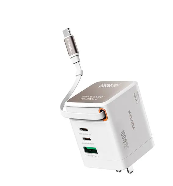 MICRODIA SMARTCube™ POWERCord 100W, GaN Pro Wall Charger with Built-in Retractable USB-C Cable and USB-C Charging Output (Copy) MICRODIA
