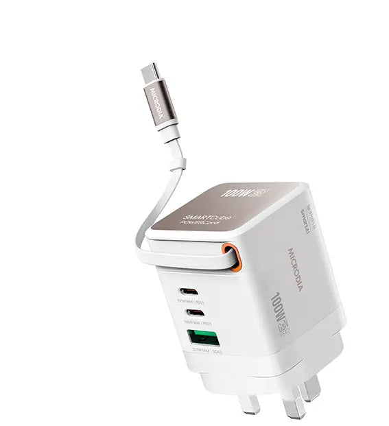 MICRODIA SMARTCube™ POWERCord 100W,GaN Pro Wall Charger with Built-in USB-C Cable andDual USB-C PD & USB-A Outputs MICRODIA