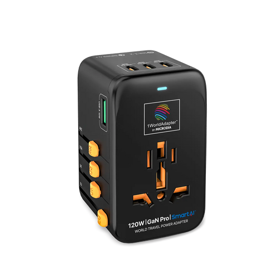1WorldAdapter™ PD120W GaN Pro™ mit 4 x USB-C PD3.2 & USB-A QC4+ PPS Schnelllade-Mikrodia