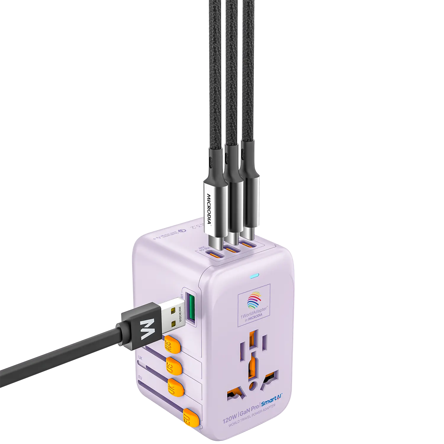 1WorldAdapter™ PD120W GaN Pro™ with 4 x USB-C PD3.2 & USB-A QC4+ PPS Fast Charging Microdia