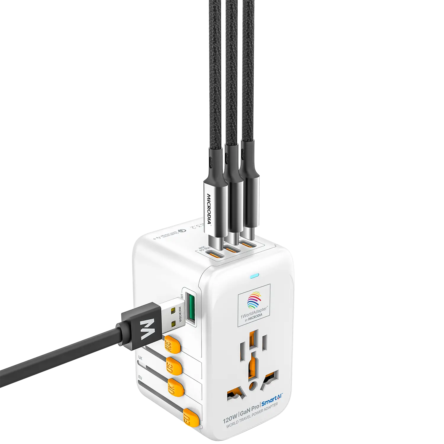 1WorldAdapter™ PD120W GaN Pro™ with 4 x USB-C PD3.2 & USB-A QC4+ PPS Fast Charging Microdia