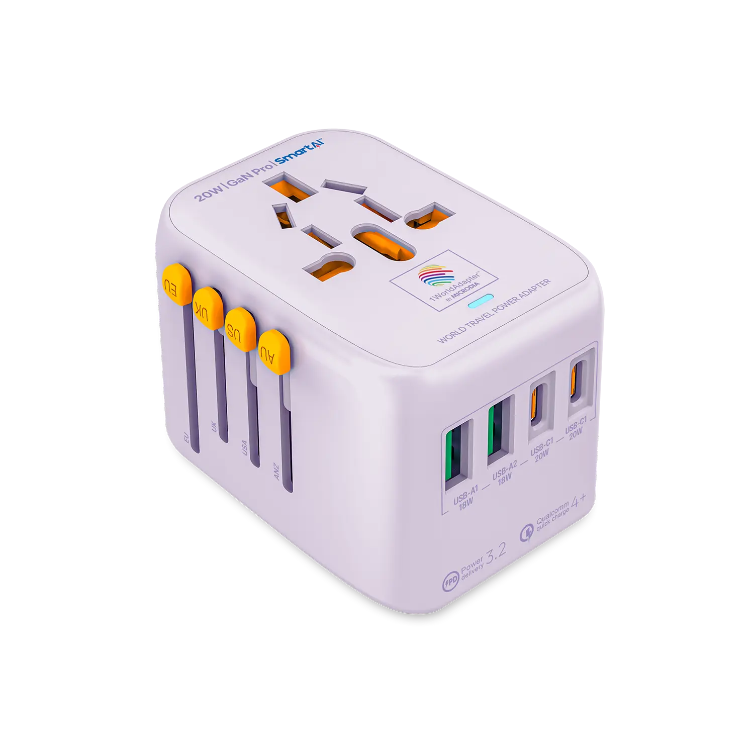 1WorldAdapter™ PD20W GaN Pro™ with 2 x USB-C PD3.2 & 2x USB-A QC4+ PPS Fast Charging Microdia