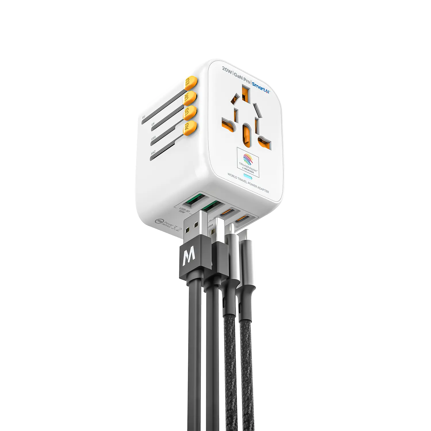 1WorldAdapter™ PD20W GaN Pro™ with 2 x USB-C PD3.2 & 2x USB-A QC4+ PPS Fast Charging Microdia