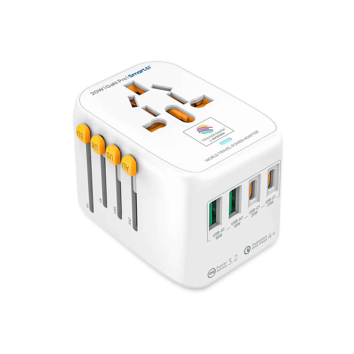 1WorldAdapter™ PD20W GaN Pro™ with 2 x USB-C PD3.2 & 2x USB-A QC4+ PPS Fast Charging Microdia