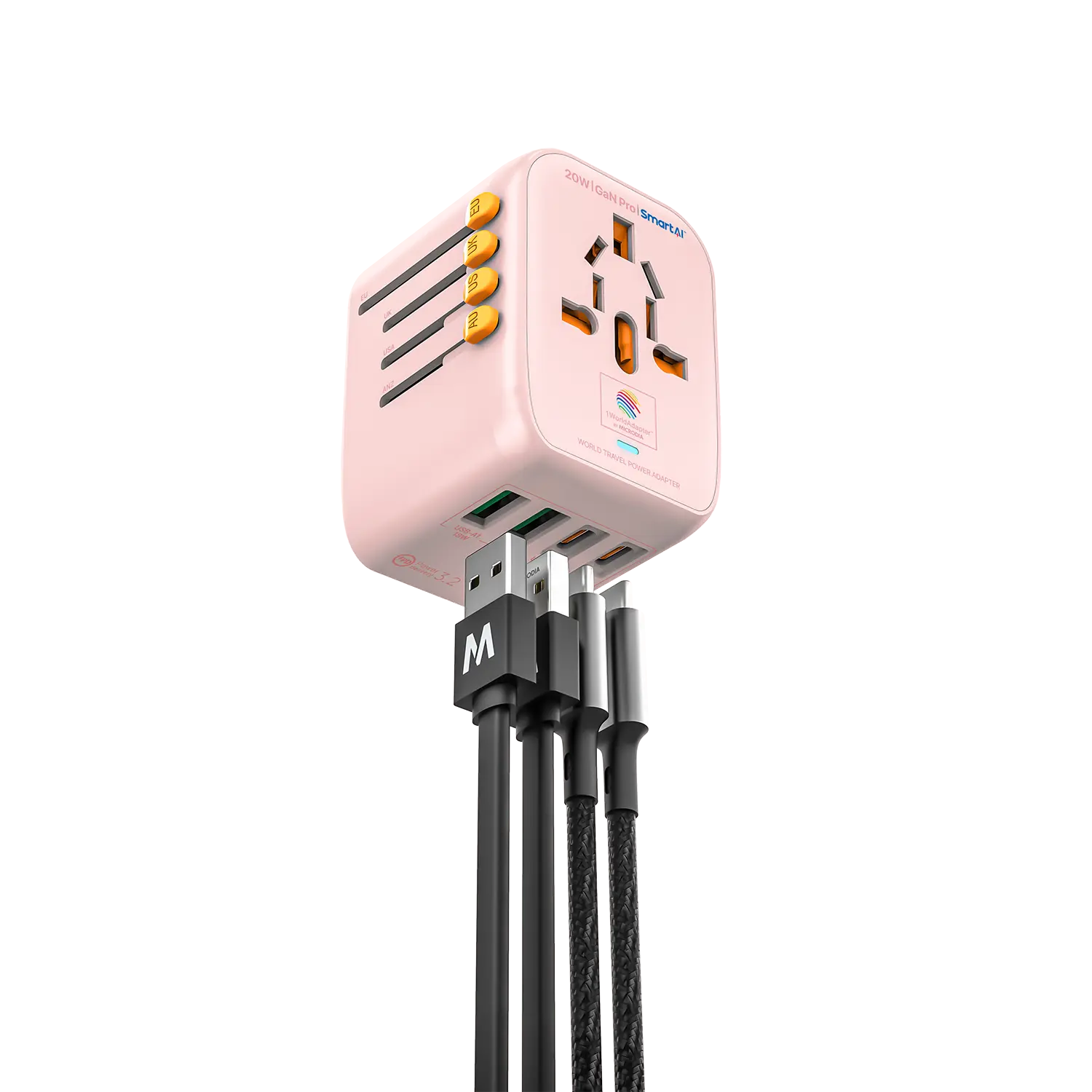 1WorldAdapter™ PD20W GaN Pro™ with 2 x USB-C PD3.2 & 2x USB-A QC4+ PPS Fast Charging Microdia