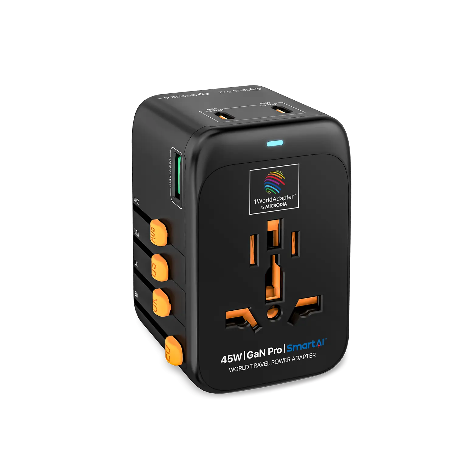 1WorldAdapter™ PD45W GaN Pro™ with 3 x USB-C PD3.2 & USB-A QC4+ PPS Fast Charging Microdia