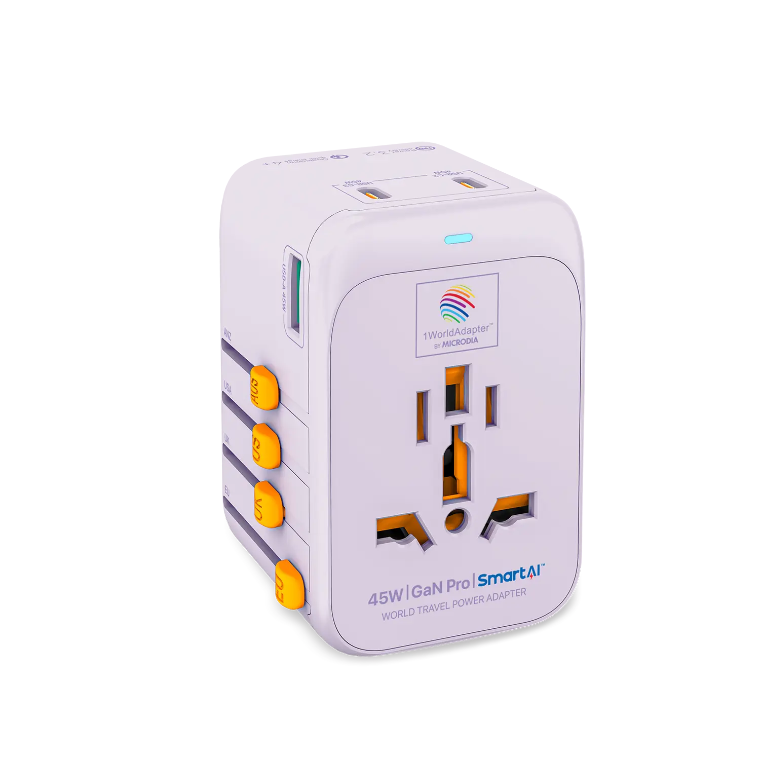 1WorldAdapter™ PD45W GaN Pro™ with 3 x USB-C PD3.2 & USB-A QC4+ PPS Fast Charging Microdia