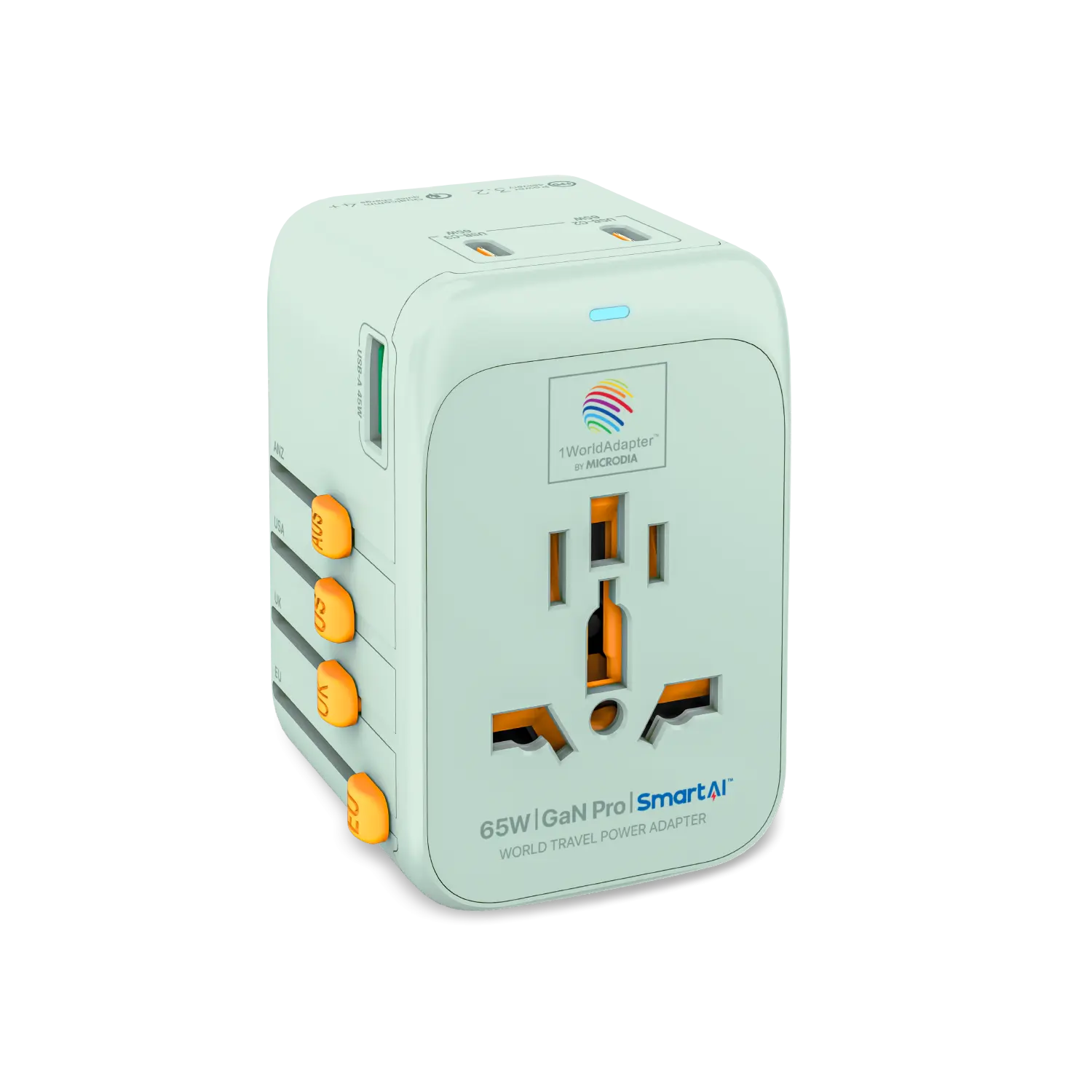 1WorldAdapter™ PD65W GaN Pro™ with 3 x USB-C PD3.2 & USB-A QC4+ PPS Fast Charging Microdia