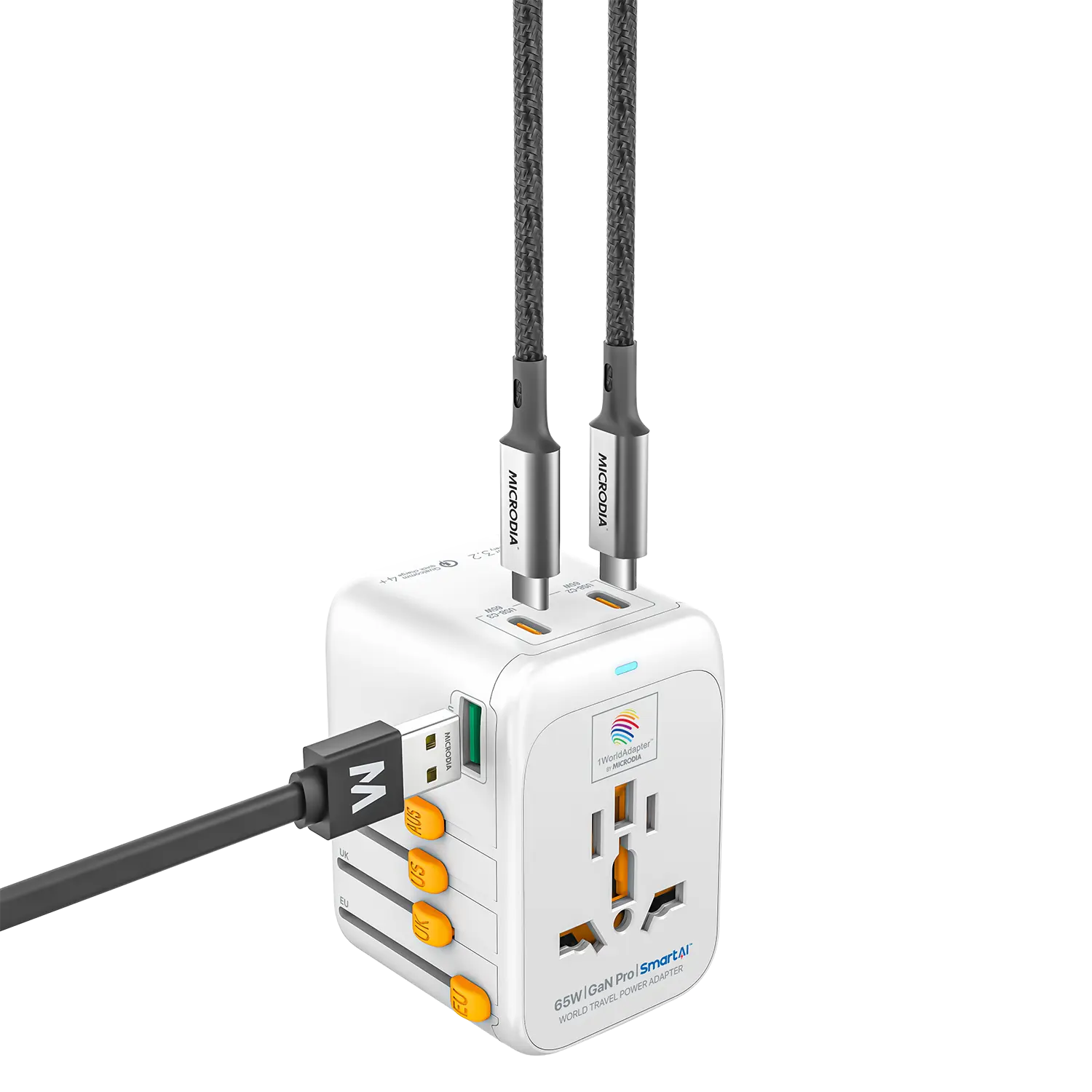 1WorldAdapter™ PD65W GaN Pro™ with 3 x USB-C PD3.2 & USB-A QC4+ PPS Fast Charging Microdia