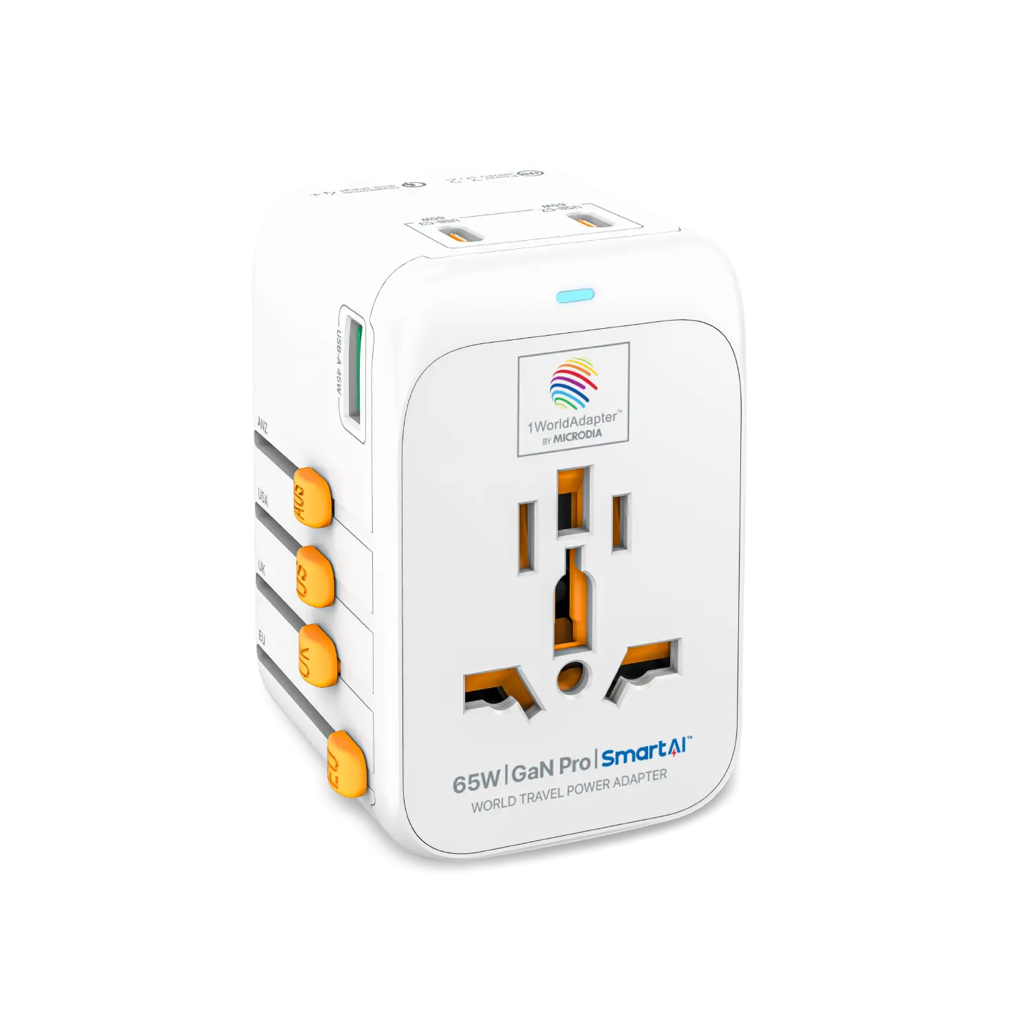 1WorldAdapter™ PD65W GaN Pro™ with 3 x USB-C PD3.2 & USB-A QC4+ PPS Fast Charging Microdia