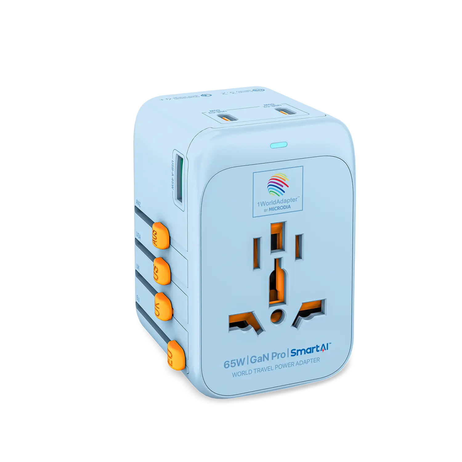 1WorldAdapter™ PD65W GaN Pro™ with 3 x USB-C PD3.2 & USB-A QC4+ PPS Fast Charging Microdia