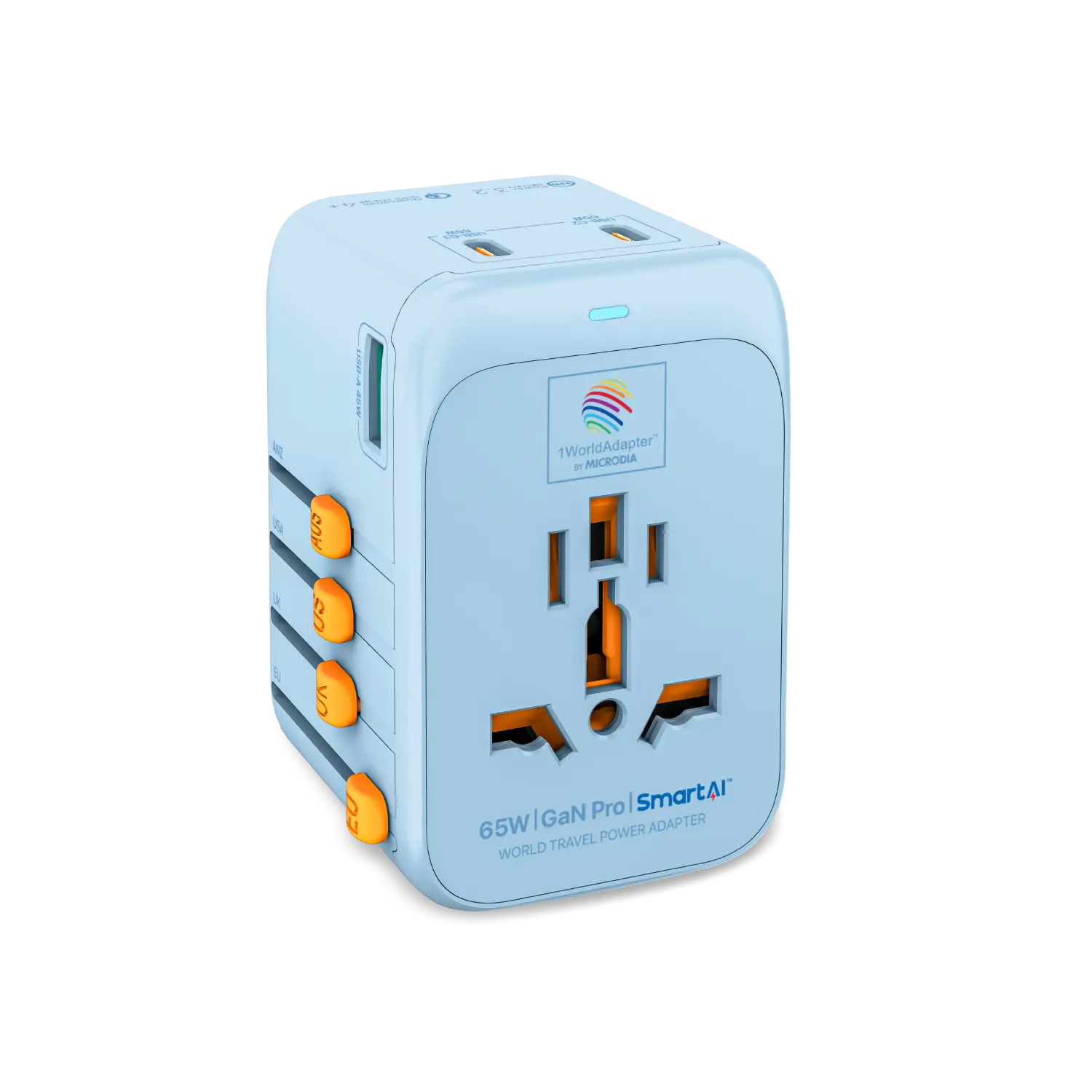 1WorldAdapter™ PD65W GaN Pro™ with 3 x USB-C PD3.2 & USB-A QC4+ PPS Fast Charging Microdia