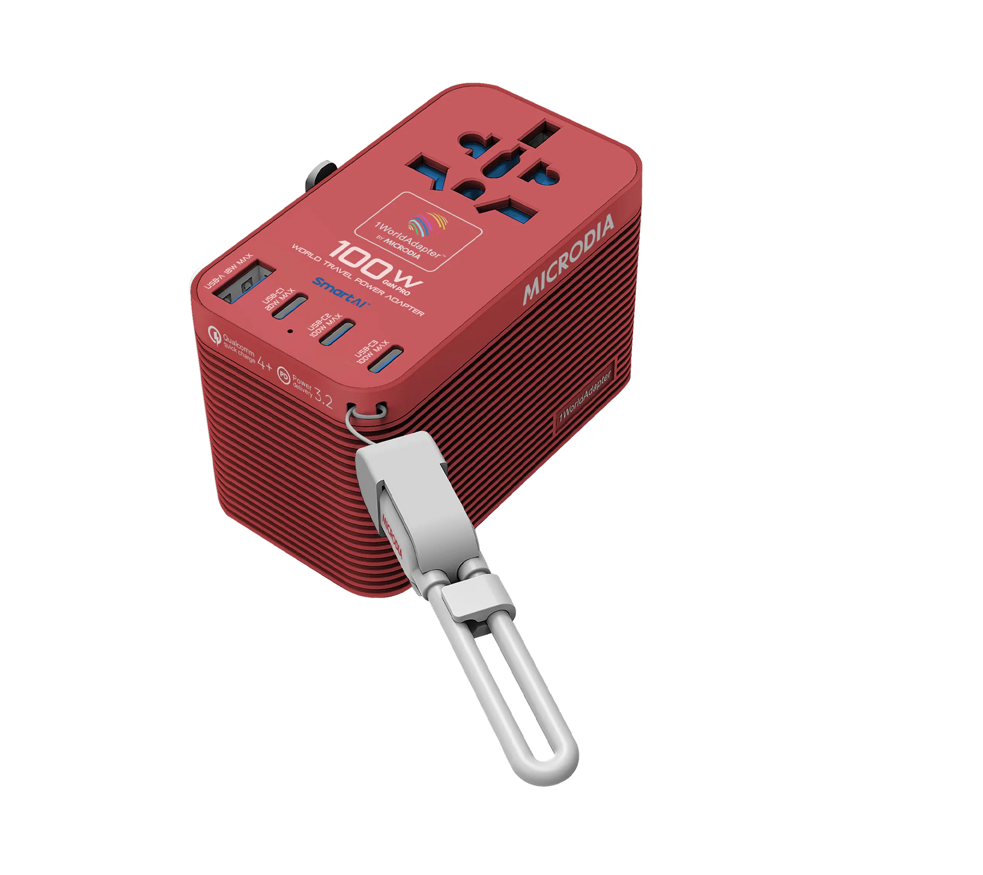 MICRODIA 1WorldAdapter™ PD100W GaN Pro™ World Travel Power Adapter with Detachable 100W USB-C Charge & Sync Cable, 3 x USB-C PD3.2 & 1 x USB-A QC4+, PPS Fast Charging Microdia