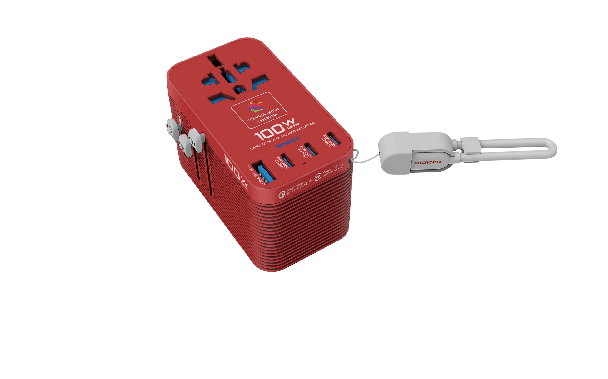 MICRODIA 1WorldAdapter™ PD100W GaN Pro™ World Travel Power Adapter with Detachable 100W USB-C Charge & Sync Cable, 3 x USB-C PD3.2 & 1 x USB-A QC4+, PPS Fast Charging Microdia