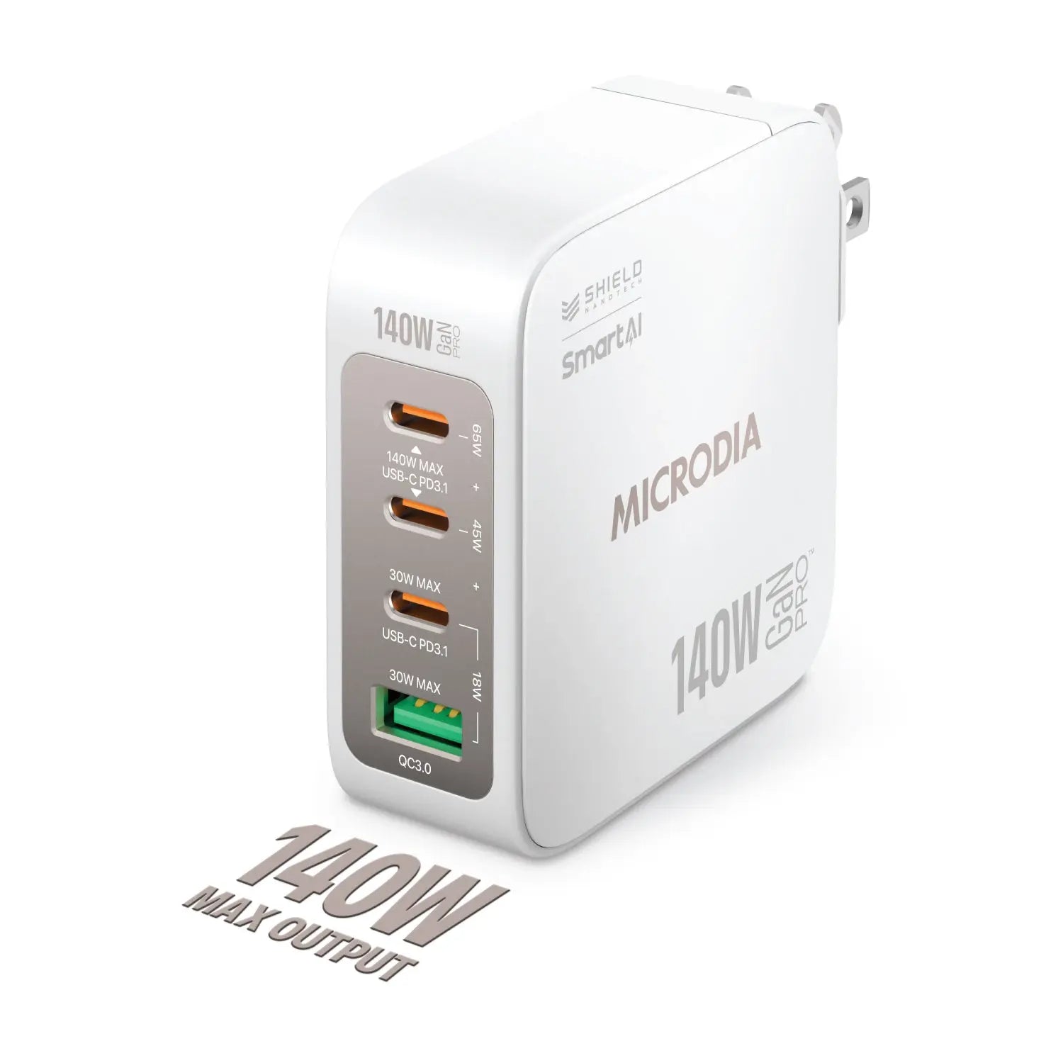 MICRODIA SMARTCube™ Nano 140W, GaN Pro Wall Charger, 4-Port, USB-C PD3.1 + USB-A QC3.0 Microdia