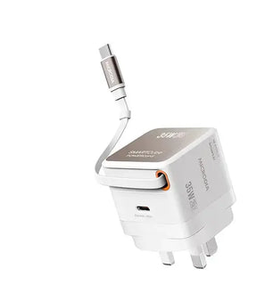 MICRODIA SMARTCube™ PowerCord 30W PD, GaN Pro PPS Wall Charger w/Retractable Cable (1C + 1C) MICRODIA