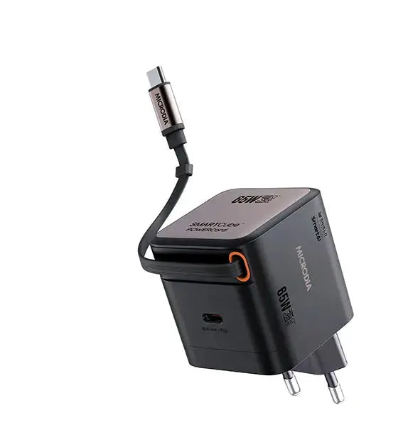 MICRODIA SMARTCube™ POWERCord 65W, GaN Pro Wall Charger with Built-in Retractable USB-C Cable and USB-C Charging Output MICRODIA