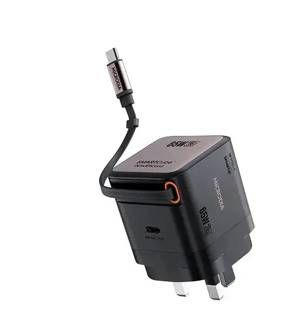 MICRODIA SMARTCube™ POWERCord 65W, GaN Pro Wall Charger with Built-in Retractable USB-C Cable and USB-C Charging Output MICRODIA