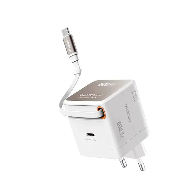 MICRODIA SMARTCube™ POWERCord 65W, GaN Pro Wall Charger with Built-in Retractable USB-C Cable and USB-C Charging Output MICRODIA