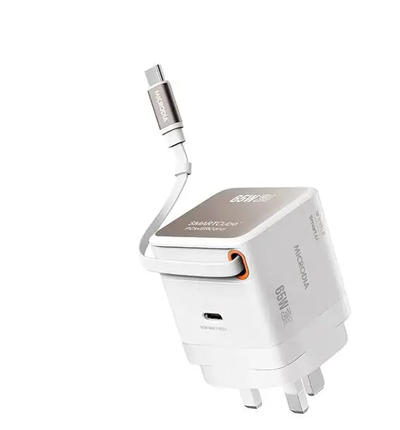 MICRODIA SMARTCube™ POWERCord 65W, GaN Pro Wall Charger with Built-in Retractable USB-C Cable and USB-C Charging Output MICRODIA
