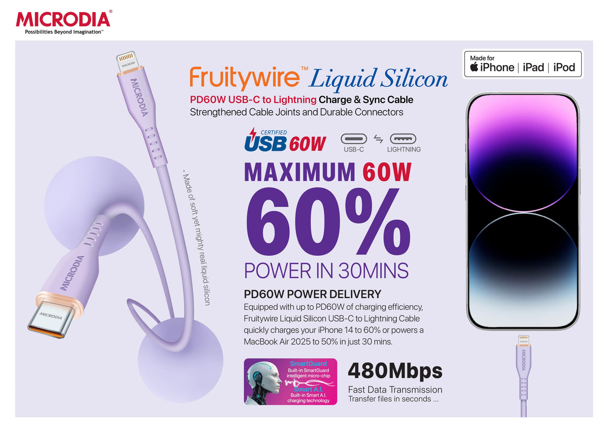 MICRODIA Fruitywire™ Liquid Silicon MFi-Certified 60W USB-C to Lightning Charge & Sync Cable Interface USB-C (USB2.0), MFi Lightning Transfer Speed 480Mbps Microdia