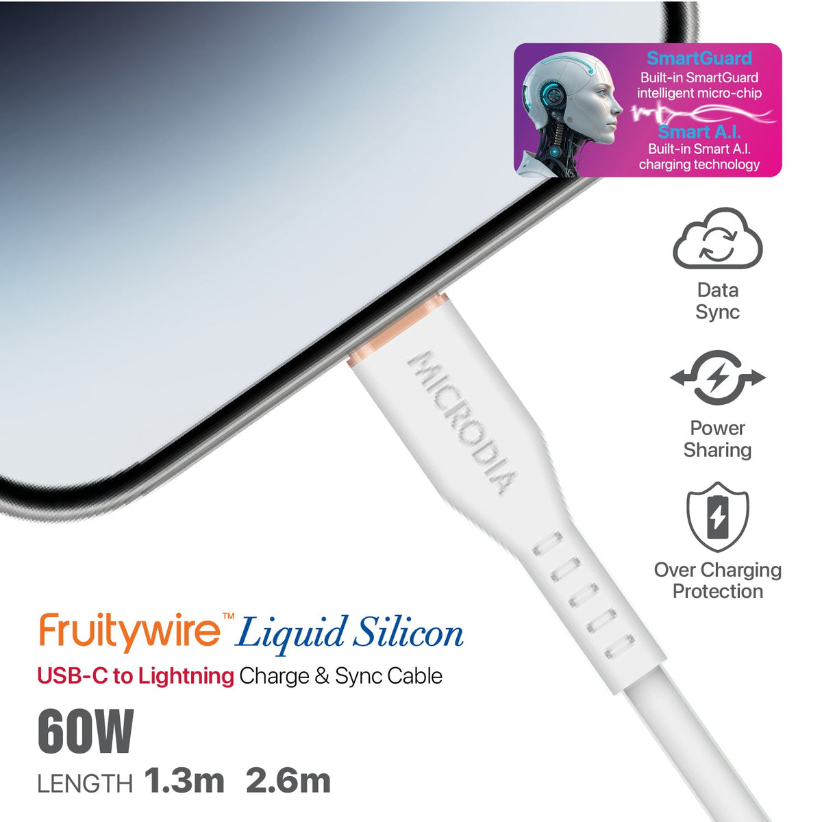 MICRODIA Fruitywire™ Liquid Silicon MFi-Certified 60W USB-C to Lightning Charge & Sync Cable Interface USB-C (USB2.0), MFi Lightning Transfer Speed 480Mbps Microdia