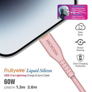 MICRODIA Fruitywire™ Liquid Silicon MFi-Certified 60W USB-C to Lightning Charge & Sync Cable Interface USB-C (USB2.0), MFi Lightning Transfer Speed 480Mbps Microdia