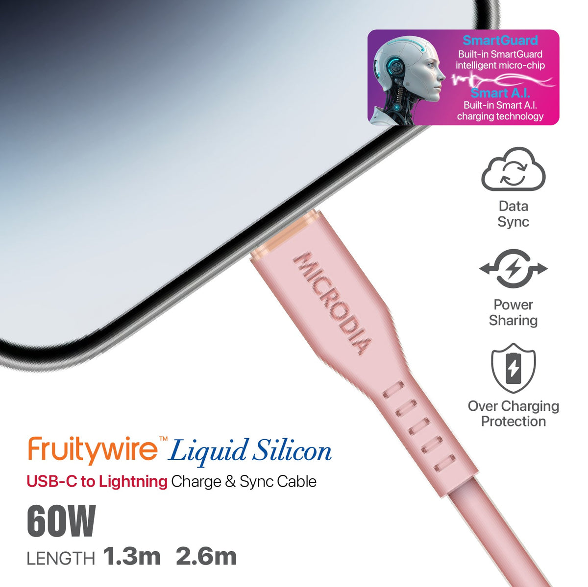 MICRODIA Fruitywire™ Liquid Silicon MFi-Certified 60W USB-C to Lightning Charge & Sync Cable Interface USB-C (USB2.0), MFi Lightning Transfer Speed 480Mbps Microdia