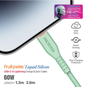 MICRODIA Fruitywire™ Liquid Silicon MFi-Certified 60W USB-C to Lightning Charge & Sync Cable Interface USB-C (USB2.0), MFi Lightning Transfer Speed 480Mbps Microdia
