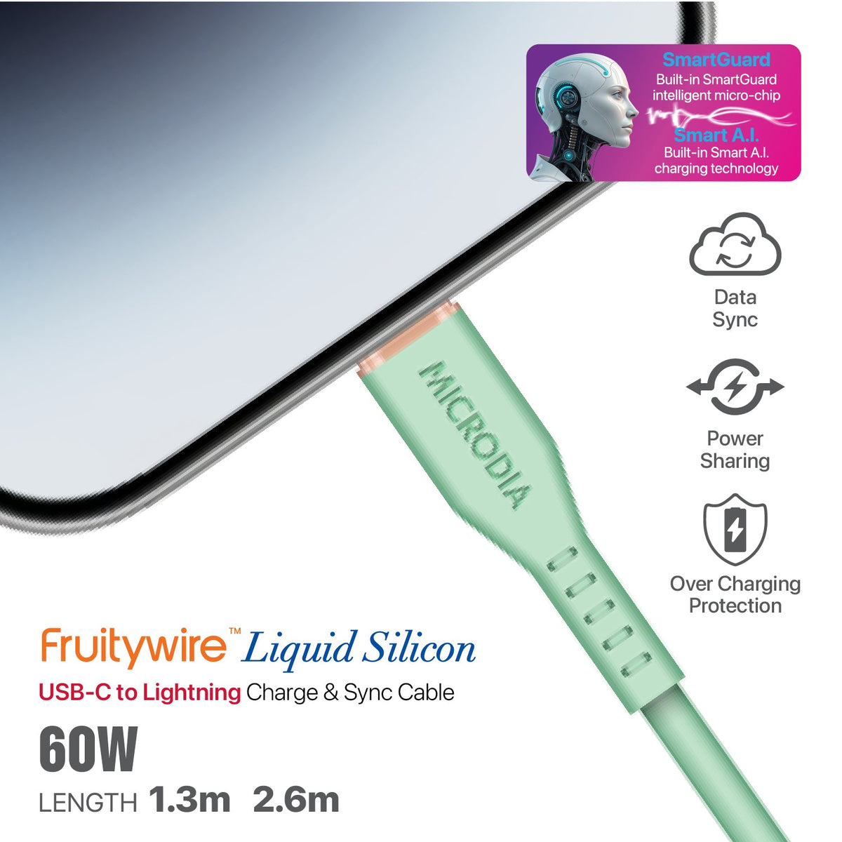 MICRODIA Fruitywire™ Liquid Silicon MFi-Certified 60W USB-C to Lightning Charge & Sync Cable Interface USB-C (USB2.0), MFi Lightning Transfer Speed 480Mbps Microdia