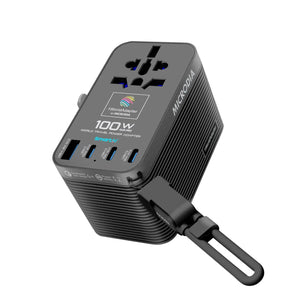 MICRODIA 1WorldAdapter™ PD100W GaN Pro™ World Travel Power Adapter with Detachable 100W USB-C Charge & Sync Cable, 3 x USB-C PD3.2 & 1 x USB-A QC4+, PPS Fast Charging Microdia