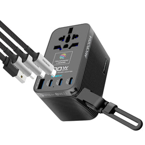 MICRODIA 1WorldAdapter™ PD100W GaN Pro™ World Travel Power Adapter with Detachable 100W USB-C Charge & Sync Cable, 3 x USB-C PD3.2 & 1 x USB-A QC4+, PPS Fast Charging Microdia