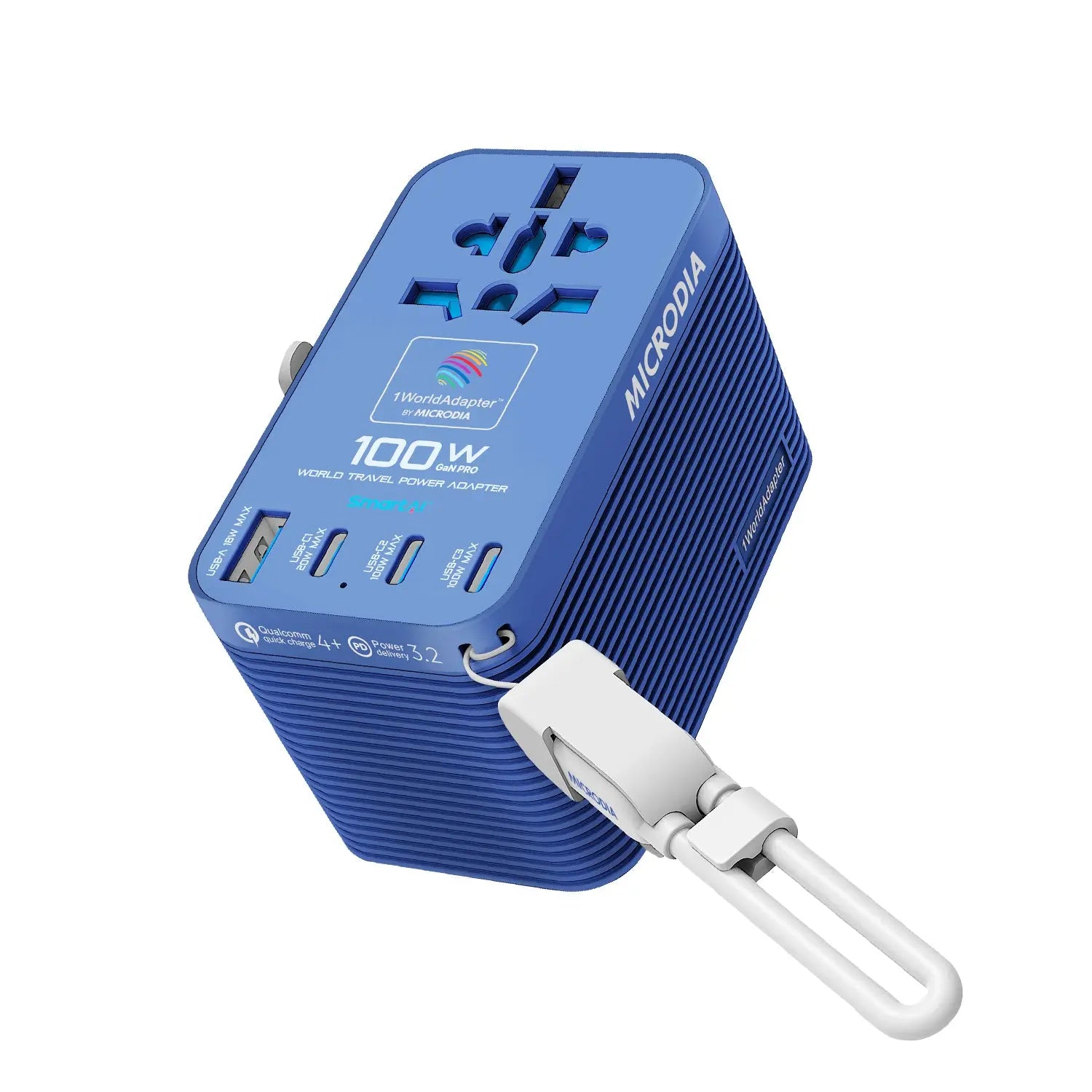 MICRODIA 1WorldAdapter™ PD100W GaN Pro™ World Travel Power Adapter with Detachable 100W USB-C Charge & Sync Cable, 3 x USB-C PD3.2 & 1 x USB-A QC4+, PPS Fast Charging Microdia