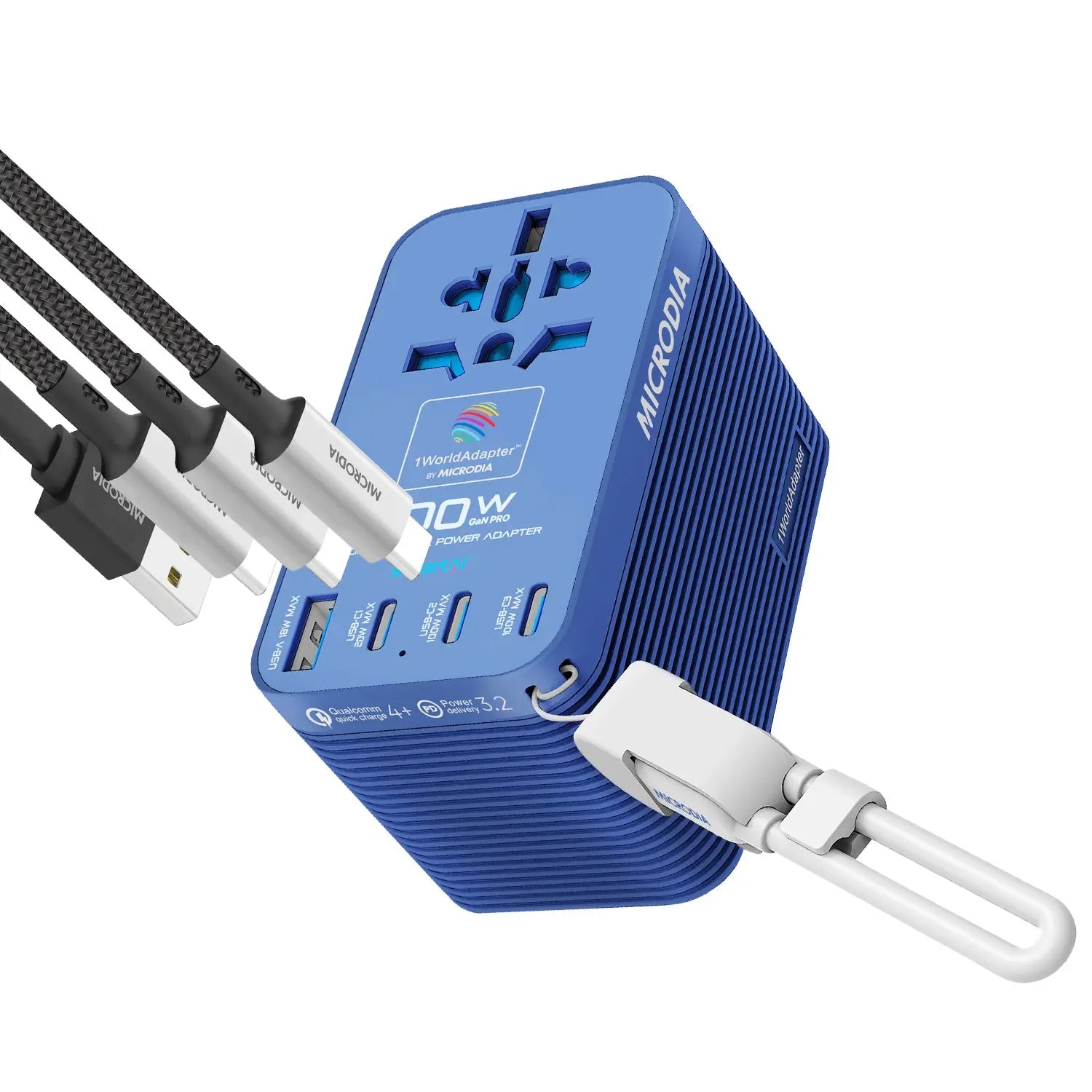 MICRODIA 1WorldAdapter™ PD100W GaN Pro™ World Travel Power Adapter with Detachable 100W USB-C Charge & Sync Cable, 3 x USB-C PD3.2 & 1 x USB-A QC4+, PPS Fast Charging Microdia