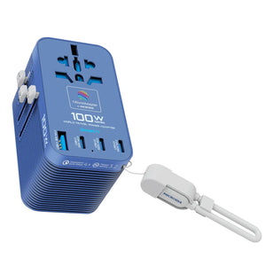 MICRODIA 1WorldAdapter™ PD100W GaN Pro™ World Travel Power Adapter with Detachable 100W USB-C Charge & Sync Cable, 3 x USB-C PD3.2 & 1 x USB-A QC4+, PPS Fast Charging Microdia