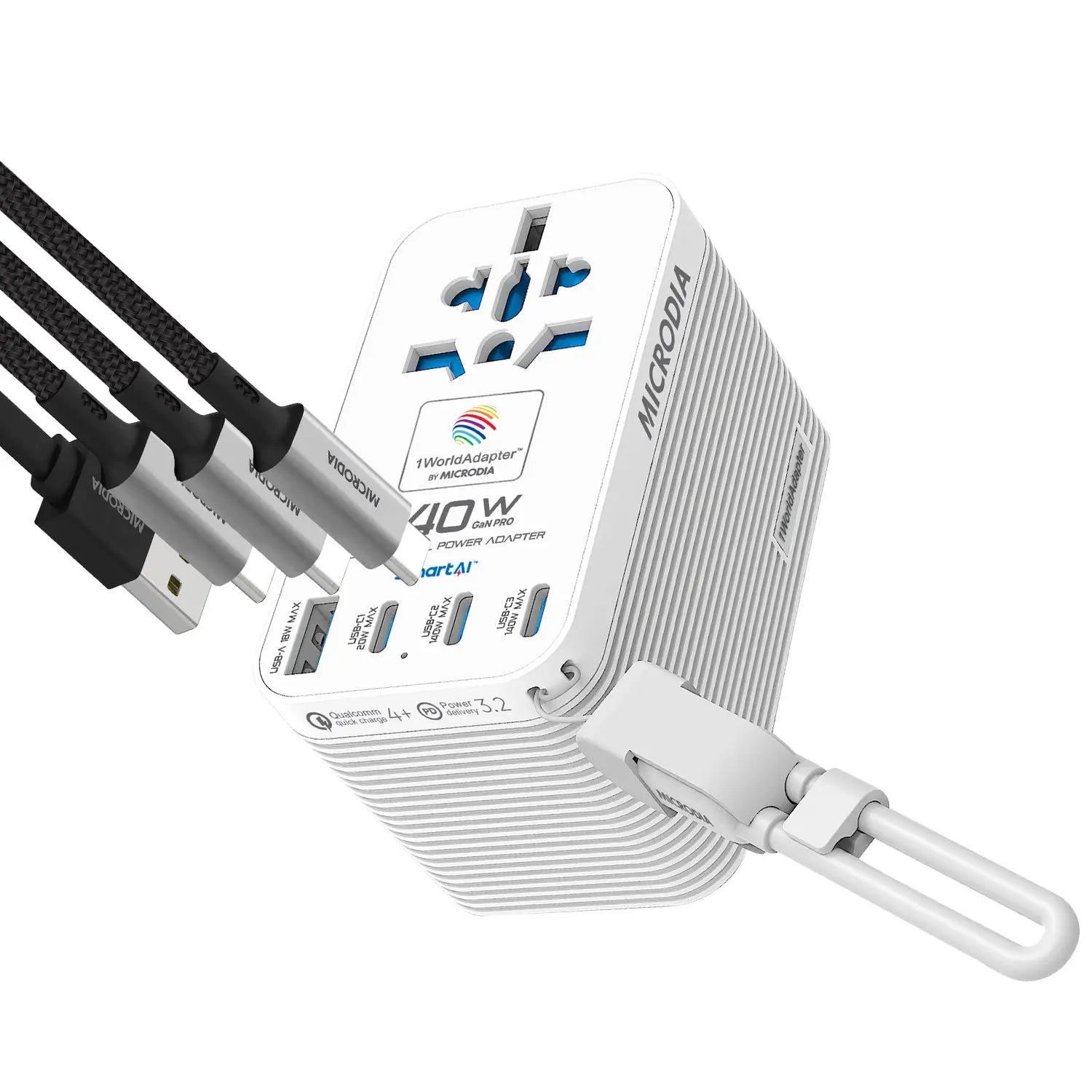 MICRODIA 1WorldAdapter™ PD140W GaN Pro™ PD140W GaN Pro™, World Travel Power Adapter, with Detachable 140W USB-C Charge & Sync Cable, 3 x USB-C PD3.2 & 1 x USB-A QC4+, PPS Fast Charging Microdia