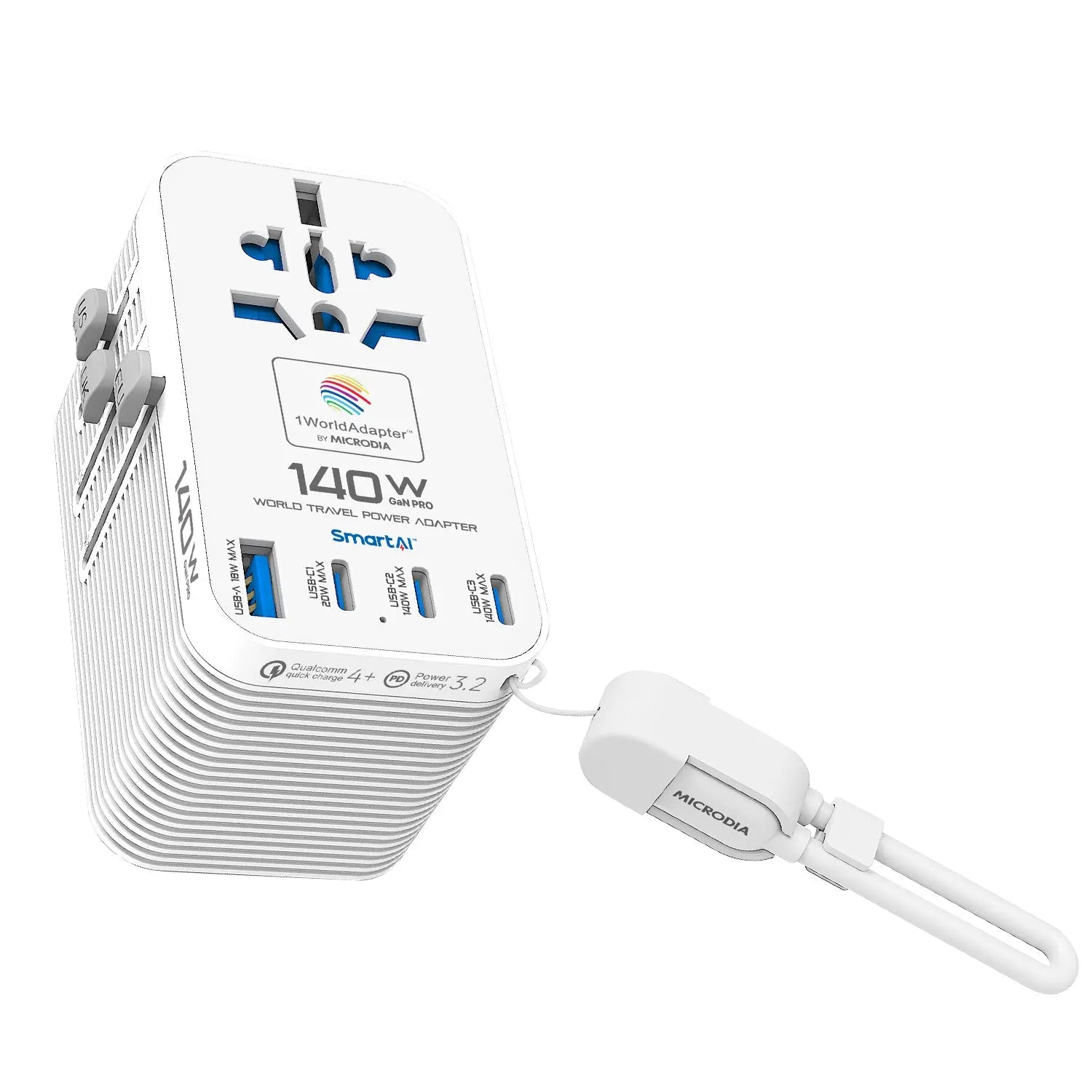 MICRODIA 1WorldAdapter™ PD140W GaN Pro™ PD140W GaN Pro™, World Travel Power Adapter, with Detachable 140W USB-C Charge & Sync Cable, 3 x USB-C PD3.2 & 1 x USB-A QC4+, PPS Fast Charging Microdia
