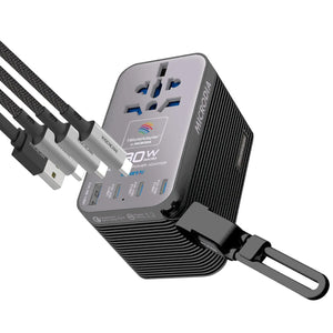MICRODIA 1WorldAdapter™ PD180W GaN Pro™ World Travel Power Adapter, with Detachable 180W USB-C Charge & Sync Cable, 3 x USB-C PD3.2 & 1 x USB-A QC4+, PPS Fast Charging Microdia