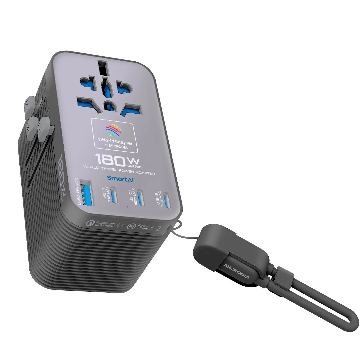 MICRODIA 1WorldAdapter™ PD180W GaN Pro™ World Travel Power Adapter, with Detachable 180W USB-C Charge & Sync Cable, 3 x USB-C PD3.2 & 1 x USB-A QC4+, PPS Fast Charging Microdia