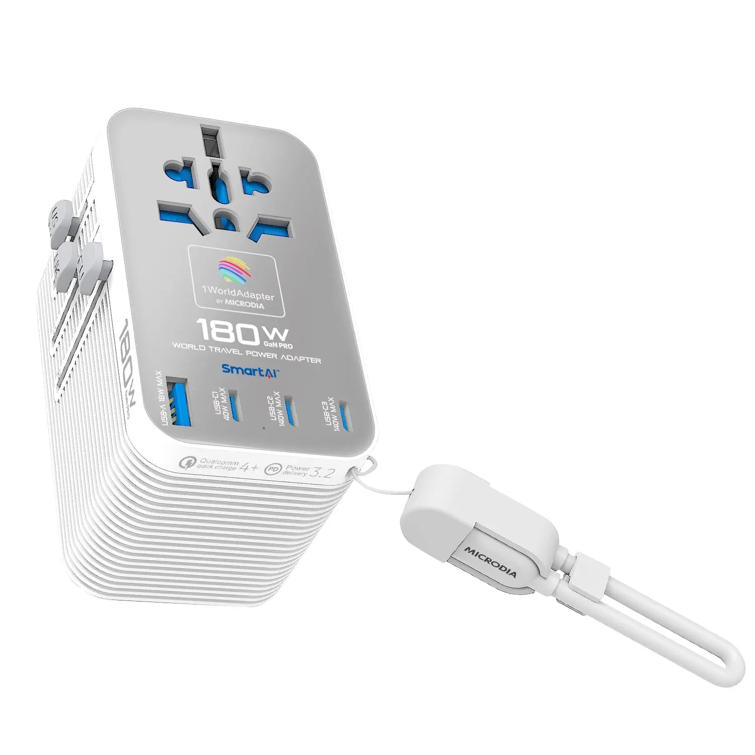 MICRODIA 1WorldAdapter™ PD180W GaN Pro™ World Travel Power Adapter, with Detachable 180W USB-C Charge & Sync Cable, 3 x USB-C PD3.2 & 1 x USB-A QC4+, PPS Fast Charging Microdia
