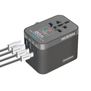 MICRODIA 1WorldAdapter™ PD20W GaN Pro™ World Travel Power Adapter with 2 x USB-C PD3.2 & 2 x USB-A QC4+, PPS Fast Charging Microdia