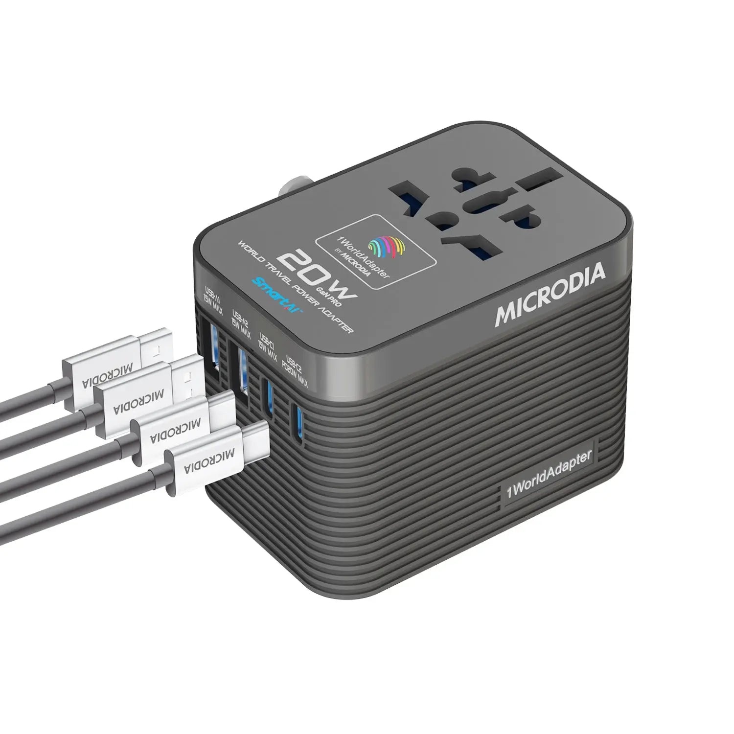 MICRODIA 1WorldAdapter™ PD20W GaN Pro™ World Travel Power Adapter with 2 x USB-C PD3.2 & 2 x USB-A QC4+, PPS Fast Charging Microdia