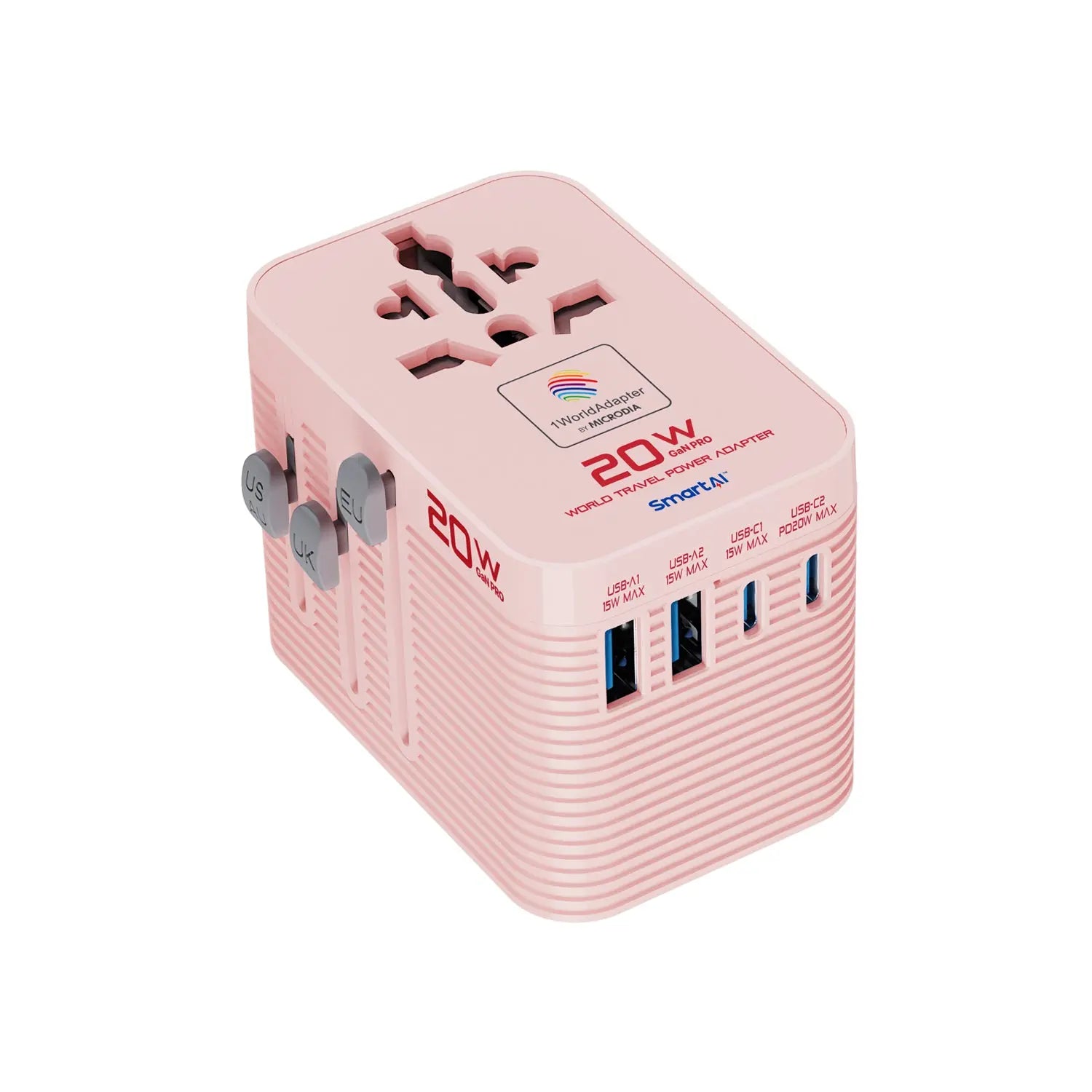 MICRODIA 1WorldAdapter™ PD20W GaN Pro™ World Travel Power Adapter with 2 x USB-C PD3.2 & 2 x USB-A QC4+, PPS Fast Charging Microdia