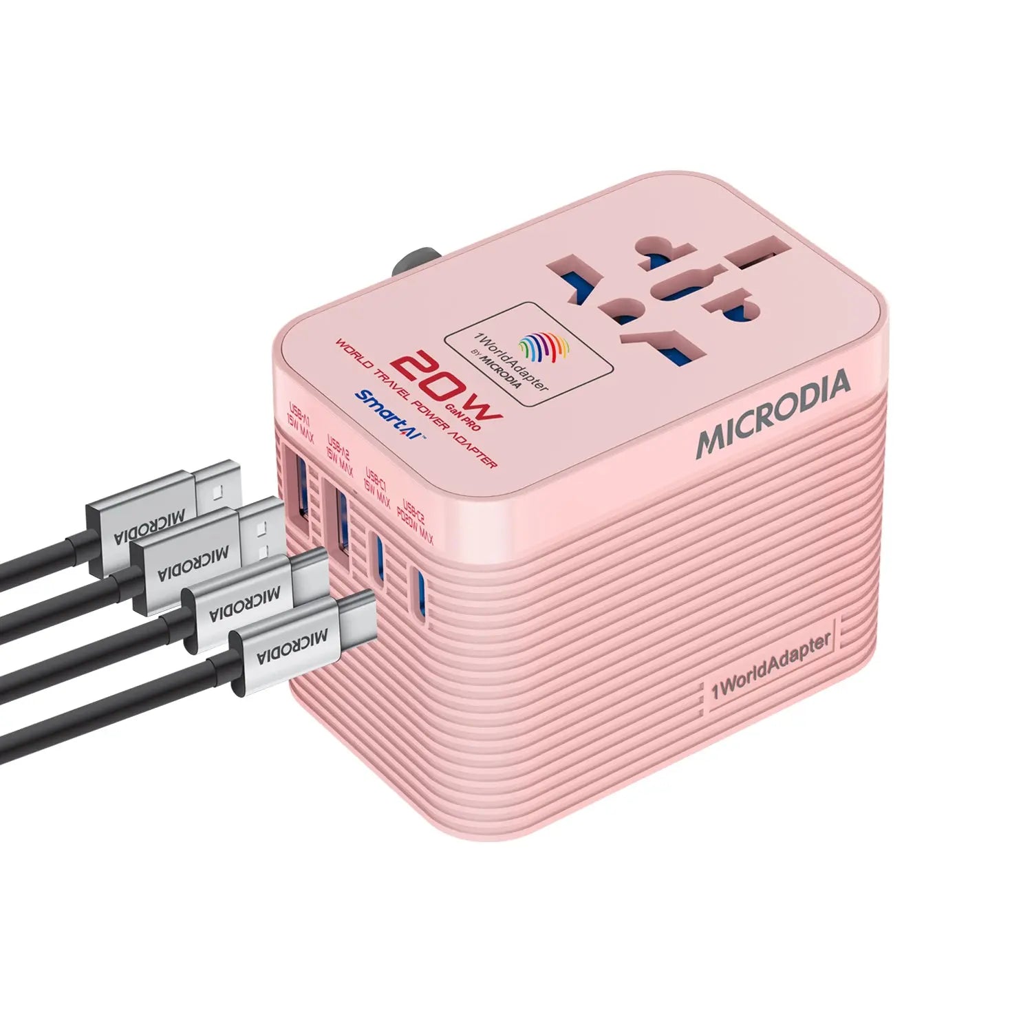 MICRODIA 1WorldAdapter™ PD20W GaN Pro™ World Travel Power Adapter with 2 x USB-C PD3.2 & 2 x USB-A QC4+, PPS Fast Charging Microdia