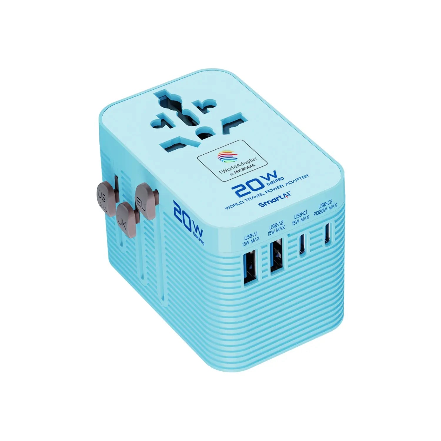 MICRODIA 1WorldAdapter™ PD20W GaN Pro™ World Travel Power Adapter with 2 x USB-C PD3.2 & 2 x USB-A QC4+, PPS Fast Charging Microdia