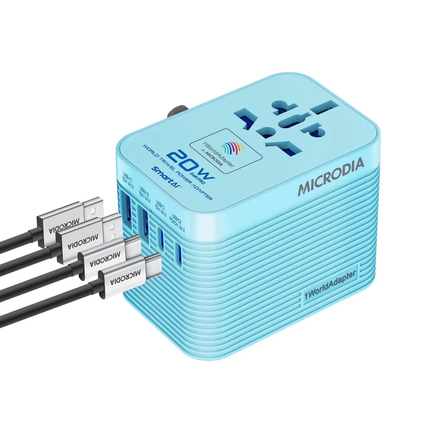 MICRODIA 1WorldAdapter™ PD20W GaN Pro™ World Travel Power Adapter with 2 x USB-C PD3.2 & 2 x USB-A QC4+, PPS Fast Charging Microdia